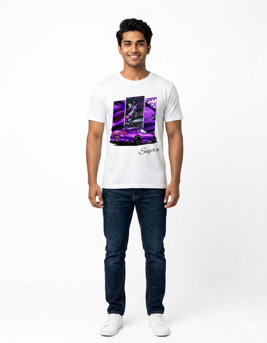 Custom Purple Supra and JZ Engine Multi-Panel Graphic White T-Shirt