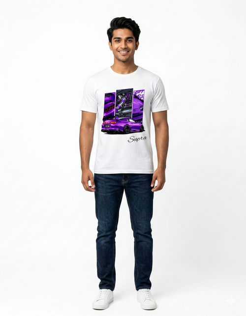 Custom Purple Supra and JZ Engine Multi-Panel Graphic White T-Shirt