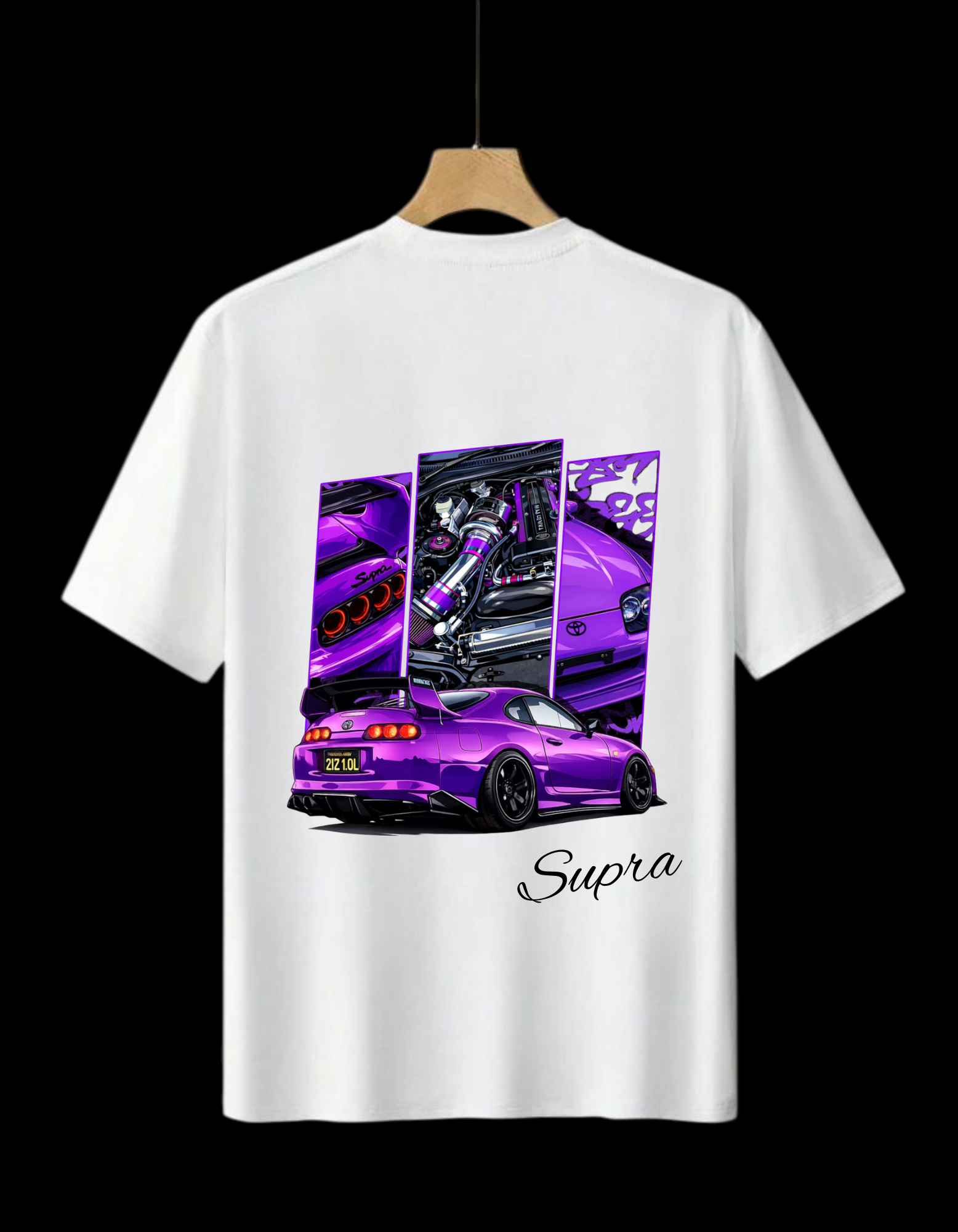 Custom Purple Supra and JZ Engine Multi-Panel Graphic White T-Shirt